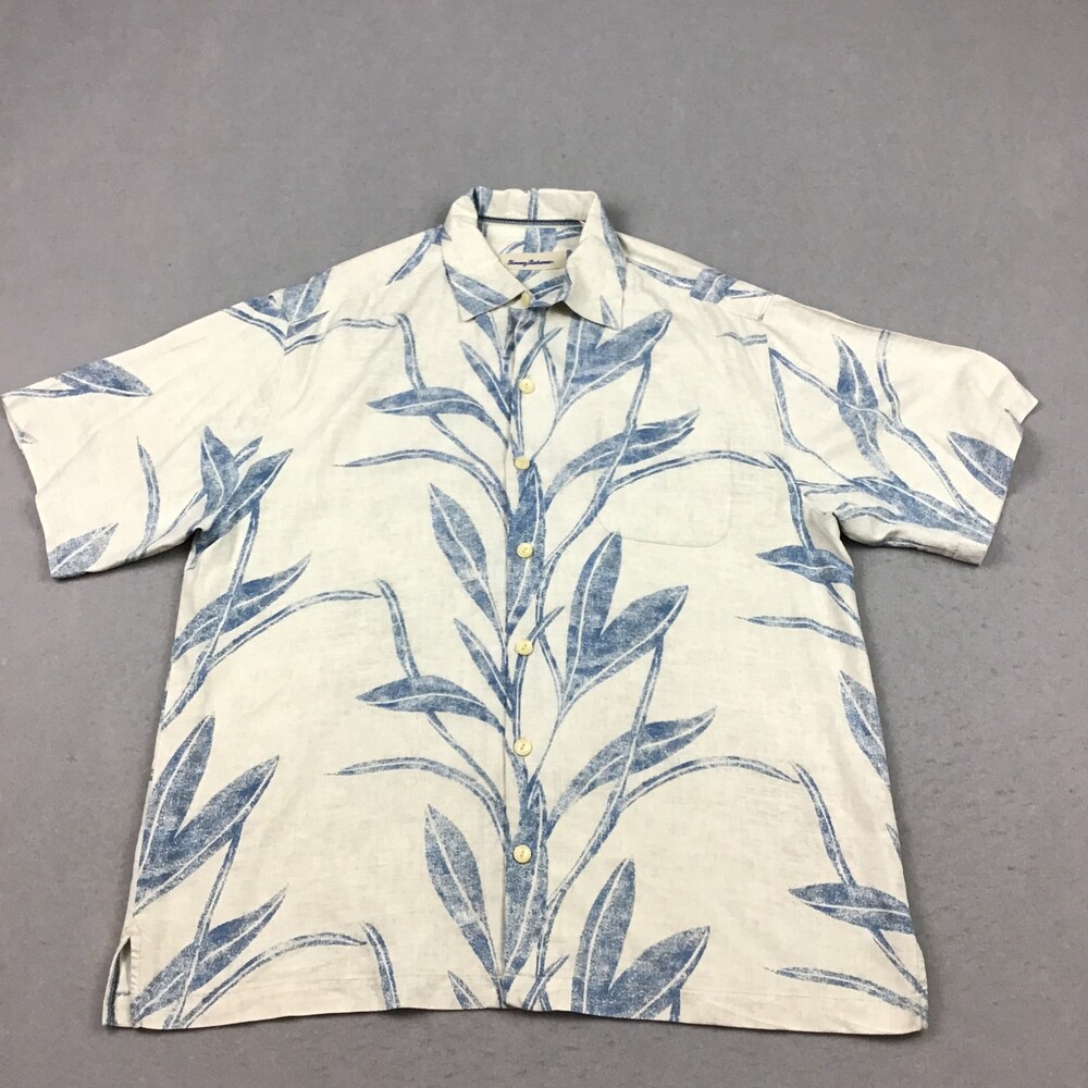 Tommy Bahama Shirt Men Large Off White Blue Botanical Camp Aloha Hawaiian Silk L